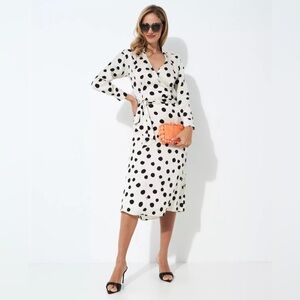 Pinko Black and White 
Ivory Polka Dot Wrap Dress in Twill Silk – Size 34,
